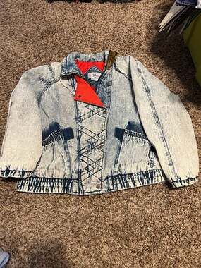 Vintage 80s Weathered Blues Acid Wash Denim Bomber Jacket with Red Inner Lining